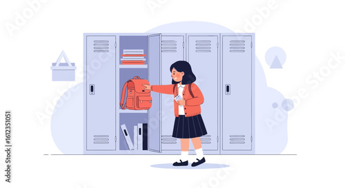 A young student organizing her belongings in a school locker inside the building, preparing for class