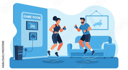 Active couple engaging in virtual reality fitness in their modern game room setting