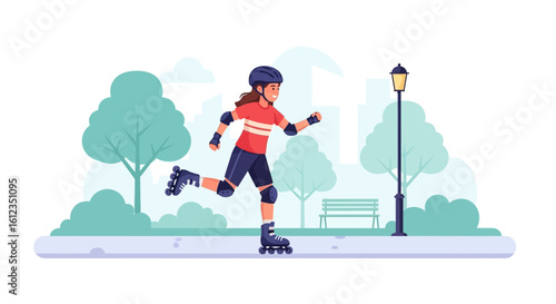 Active Roller Skater Enjoying a Sunny Day in the Park Urban Landscape