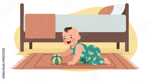 Adorable baby crawling on a rug playing with a ball in a cozy bedroom scene
