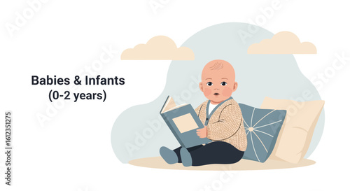 Adorable baby engrossed in reading a book surrounded by soft cushions and clouds illustration