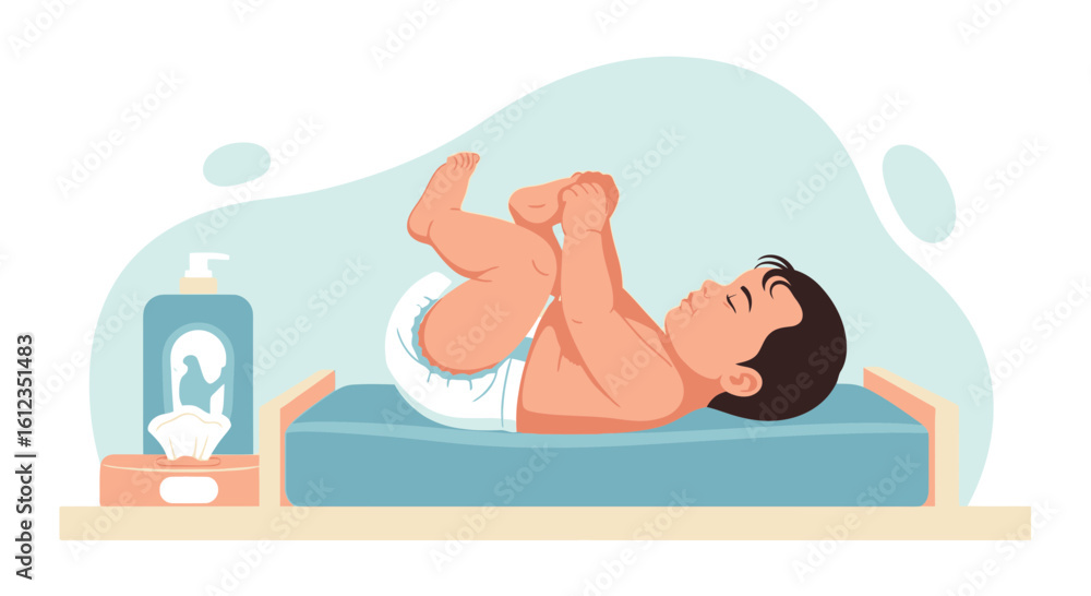 Obraz premium Adorable baby lying on changing table with diaper and supplies illustration