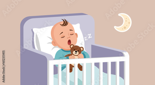 Adorable Baby Illustration Of A Sleeping Child Hugging A Teddy Bear At Night