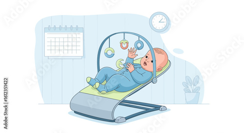 Adorable baby in a bouncer with toys, calendar and clock on the wall illustration