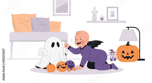 Adorable Baby In Bat Costume Enjoying A Spooky Halloween Playdate At Home