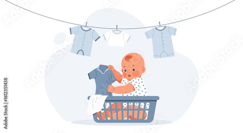 Adorable baby in a laundry basket with clothesline displaying clean baby clothes