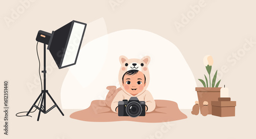 Adorable Baby In Bear Costume Playing With Camera During Photoshoot Setup