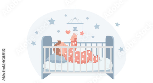 Adorable baby in crib reaching for mobile toy stars and heart design illustration