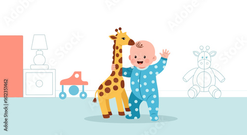 Adorable baby in pajamas hugging a giraffe toy in a pastel nursery setting