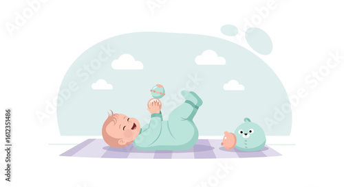 Adorable baby lying on back playing with rattle and plush toys in pastel room