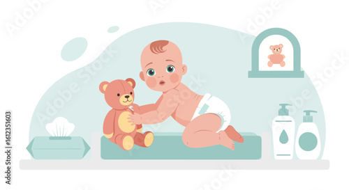 Adorable baby wearing diaper playing with teddy bear in nursery room illustration