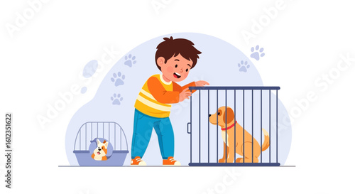 Adorable boy playing with his furry friends in a playful and heartwarming cartoon illustration