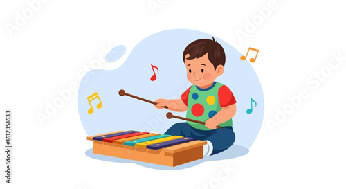 Adorable boy playing xylophone with musical notes creating a harmonious scene