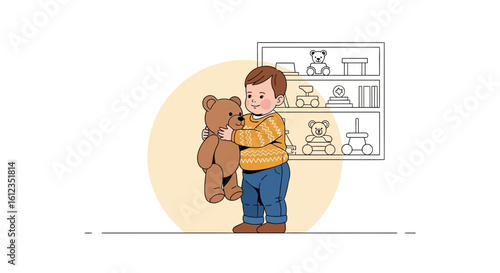 Adorable little boy embracing his teddy bear in a playful and innocent manner
