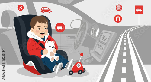 Adorable little boy secured in a car seat with his teddy bear for safe travels