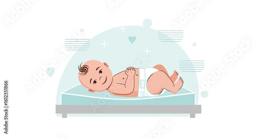 Adorable Lying Baby In Diaper Smiling On Changing Table Vector Illustration