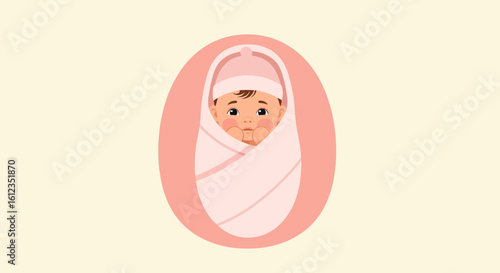 Adorable newborn baby swaddled in pink blanket inside an oval frame illustration