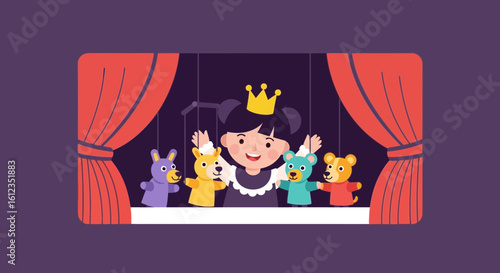 Adorable Princess Performing Marionette Show On a Miniature Stage Illustration