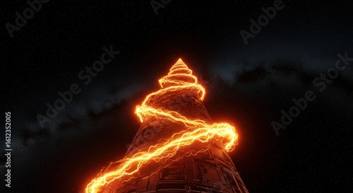 Fiery spiral Christmas tree at night