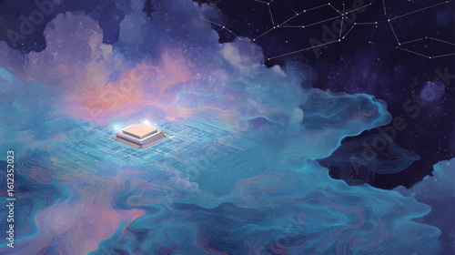 Vector background of glowing microchip floating on digital sea with starry night sky above