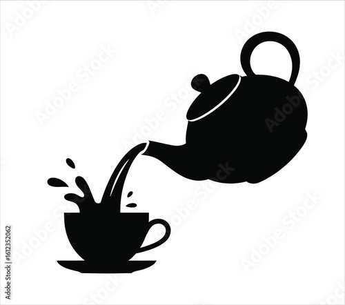Teapot pouring hot beverage into a teacup with a splash. Black and white graphic icon silhouette vector illustration.