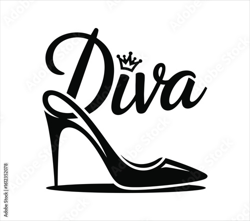 Diva wordmark logo with a high heel shoe and crown. Elegant vector graphic for fashion, boutique, or beauty branding.