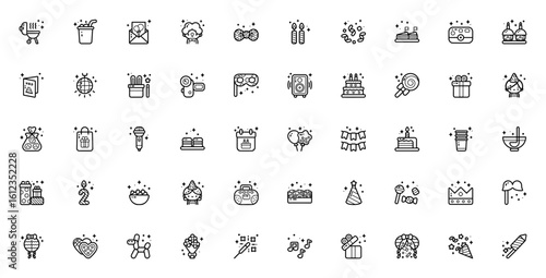 Birthday party icon set. Fun vector illustrations. Includes balloons, cake, gifts, confetti, clown, camera, snacks, music and more. Perfect for invitations and celebrations.