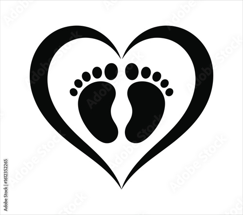 Symbolic heart with baby footprints silhouette. A minimalist vector graphic representing new life, family, and love.
