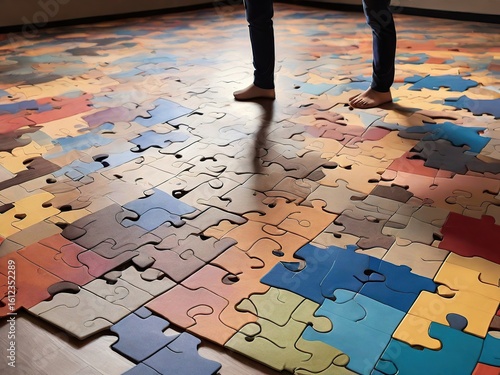 Big jigsaw puzzle with missing piece With feet on it 