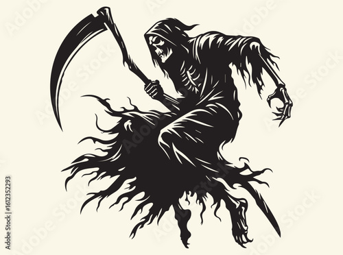 Grim Reaper with Scythe in Flowing Cloak Illustration for Gothic Tattoo Art, Horror Fantasy Decor, and Supernatural Death Symbolism