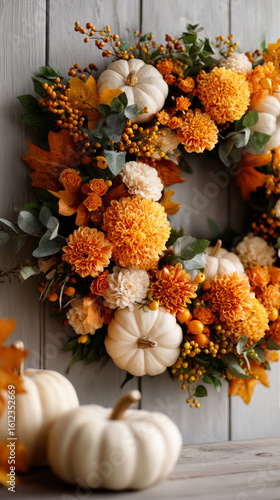 Wallpaper Mural Beautiful Thanksgiving wreath adorned with orange flowers and pumpkins in a cozy fall setting Torontodigital.ca