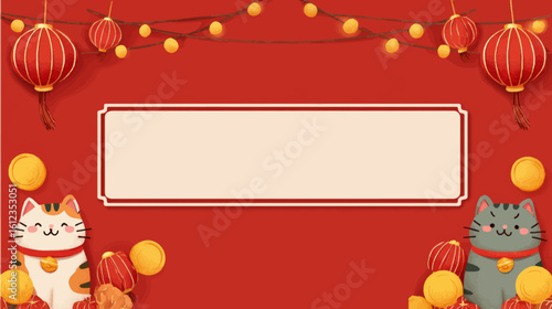 Festive red cartoon cat frame with glowing lanterns and copy space for presentation template.