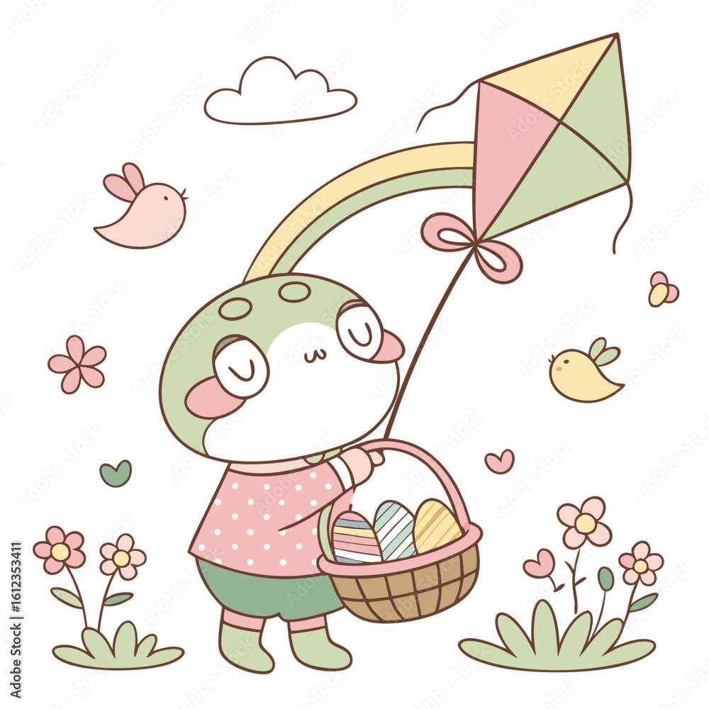 Fototapeta premium A Sleepy Froog with with a rainbow kite in a Easter theme – Spring Bloom palette SVG illustration