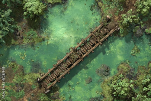 DnD Battlemap battlemap in toxic bog - Surrounded by greenery, battlemap shows a hazardous setting_remains of a bridge in a murky swamp.	