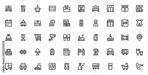 Hotel icon set. Minimal vector illustration. Includes luggage cart, pillow, swimming pool, wifi router, room key, gym, spa, elevator, bar and more. Editable stroke.