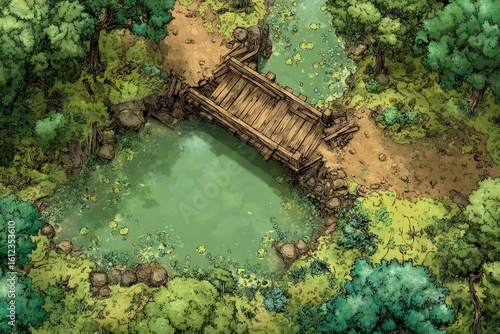 DnD Battlemap battlemap in toxic bog - Surrounded by greenery, battlemap shows a hazardous setting_remains of a bridge in a murky swamp.	