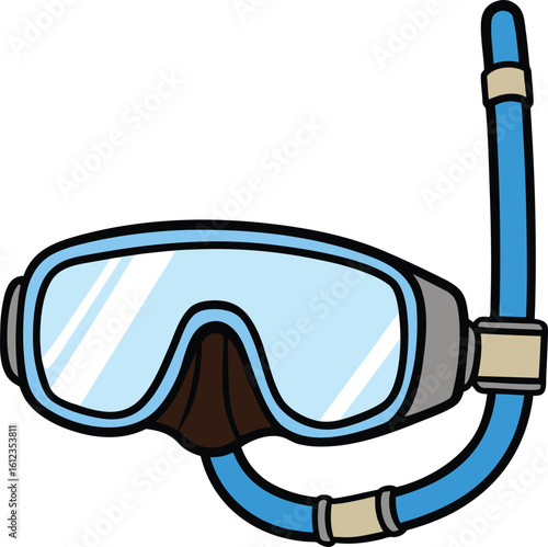 Cartoon illustration of a blue snorkel and mask for swimming or diving