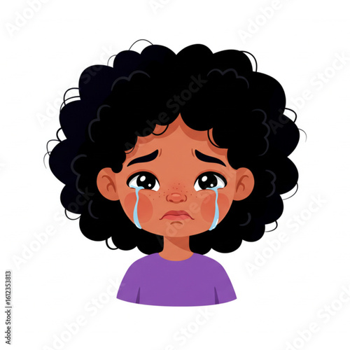 Young girl with curly hair cries tears of sadness and despair, conveying deep emotional distress.