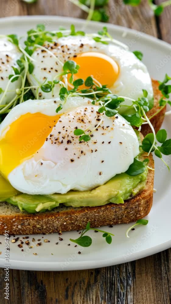 Freshly prepared poached egg on avocado toast garnished with microgreens in vibrant closeup sequence Freshly prepared poached egg on avocado toast garnished with microgreens in vibrant closeup sequence
