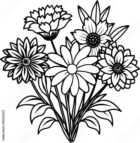 Black and white line art illustration of a bouquet of diverse flowers and leaves