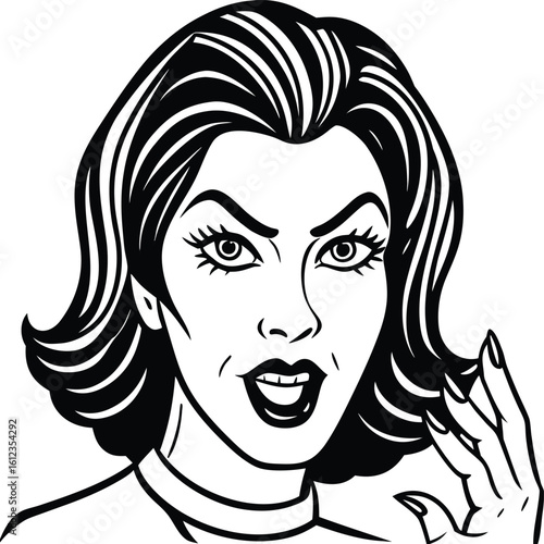 Retro comic book style illustration of a woman with dark hair and a sly expression