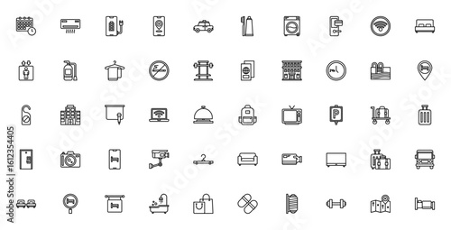 Accommodation and hotel icon set. Minimal vector symbols pack. Includes calendar, air conditioner, wifi, bed, elevator, gym, swimming pool, luggage, TV, key card and more. Editable stroke.