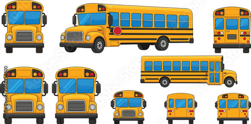 School Bus Vector Set – Front, Side, Rear Views with Stop Sign, Yellow Body, Large Windows, Silhouette and Colored Transport Icons