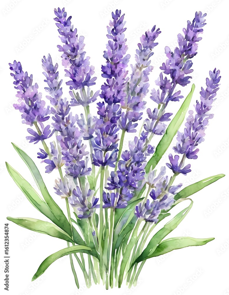 Naklejka premium A beautiful arrangement of lavender flowers painted in soft watercolor tones, capturing the elegance of nature in a vibrant garden during a warm, sunny afternoon Generative AI