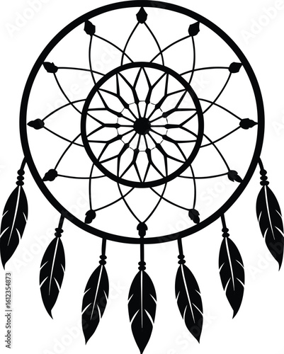 Black silhouette of a dream catcher with feathers on a white background