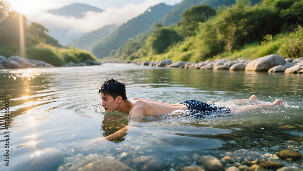 Fototapeta premium Young man swimming in clear river surrounded by mountains 