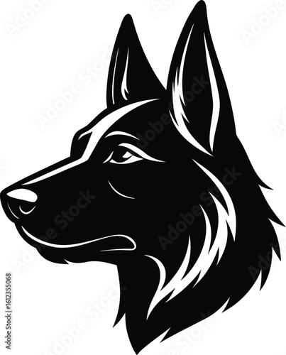 Stylized black and white german shepherd dog head profile