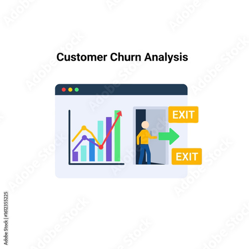 Illustration depicting customer churn analysis with a graph showing upward trends and a person exiting through a door labeled "Exit.".