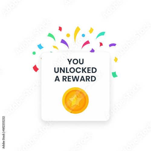 Reward notification graphic with confetti and gold coin, announcing a user achievement.