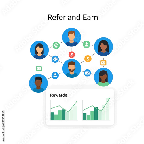 Illustration depicting a referral program with interconnected avatars and a rewards chart showing growth.